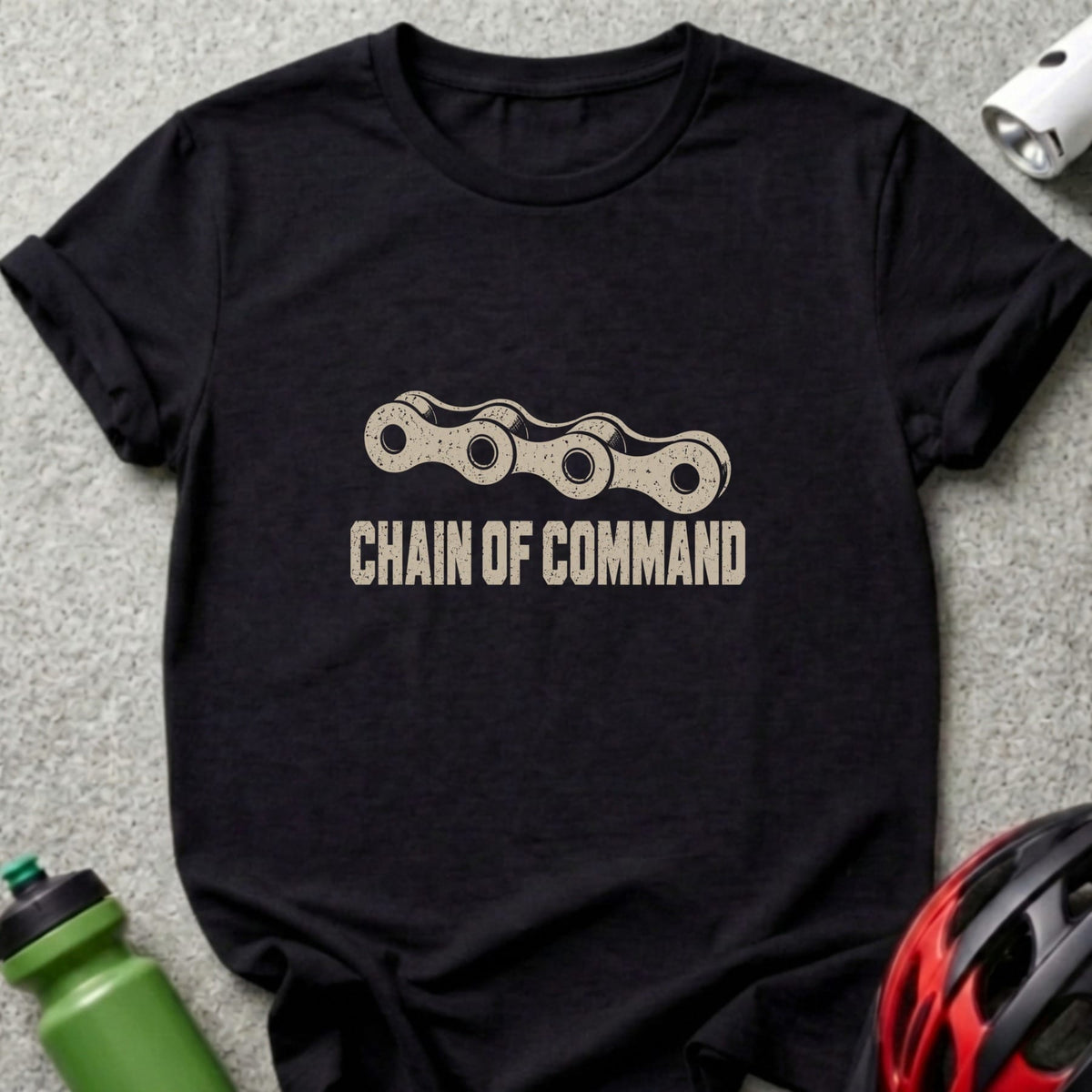 A black crew neck t-shirt featuring a bicycle chain graphic and the text CHAIN OF COMMAND.