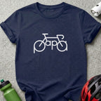 A dark blue crewneck t-shirt featuring a white bicycle graphic with the word papa spelled out.