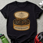 Antidepressants pill bottle filled with bicycles, text "Take Frequently" and "No Side Effects Guaranteed."