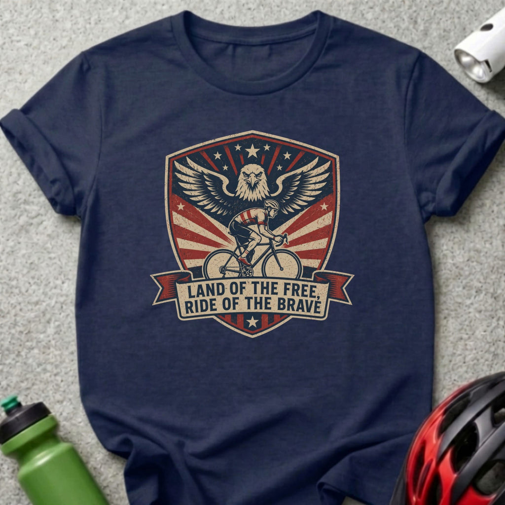 Navy t-shirt with American eagle, cyclist, and "Land of the Free, Ride of the Brave" text.