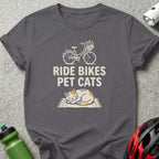 Dark grey t-shirt with bicycle, cat, and "Ride Bikes Pet Cats" text.