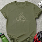 Olive t-shirt with a cyclist line drawing and text "TWO WHEELS. CLEAR MIND."