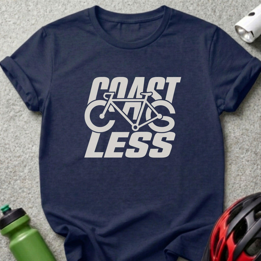 Navy t-shirt with "COAST GCS LESS" graphic and bicycle design.