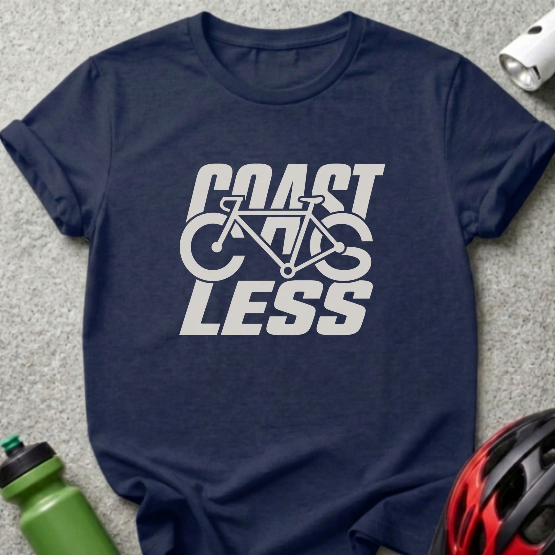 Navy t-shirt with "COAST GCS LESS" graphic and bicycle design.
