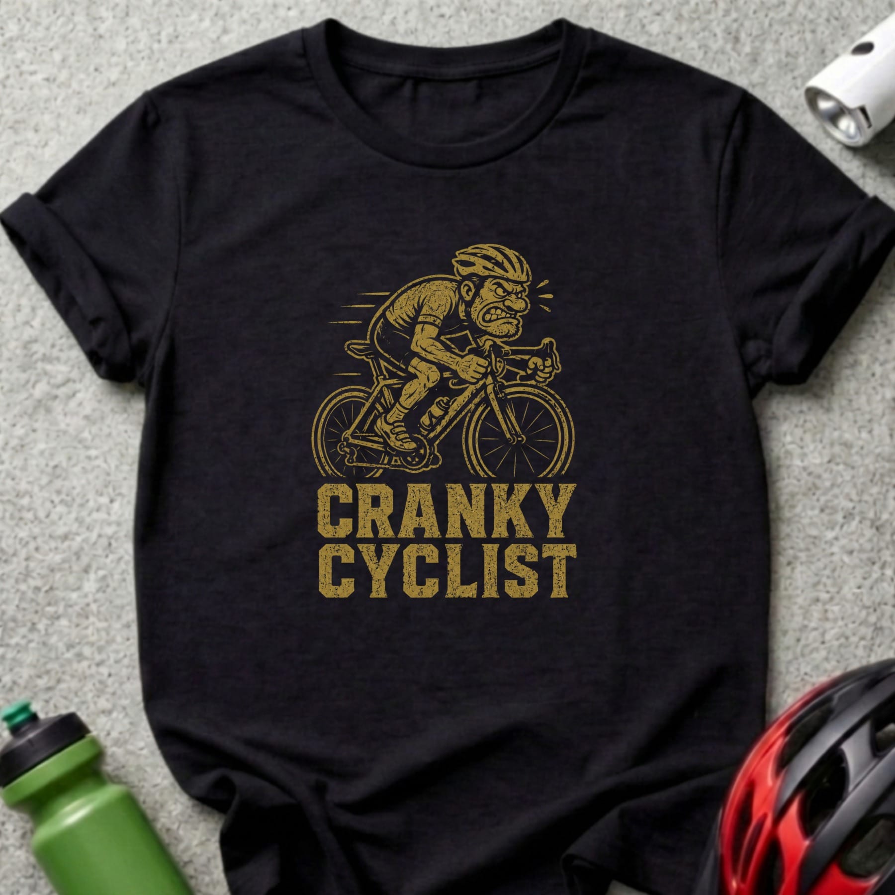 Black t-shirt with cartoon cyclist and text "CRANKY CYCLIST".