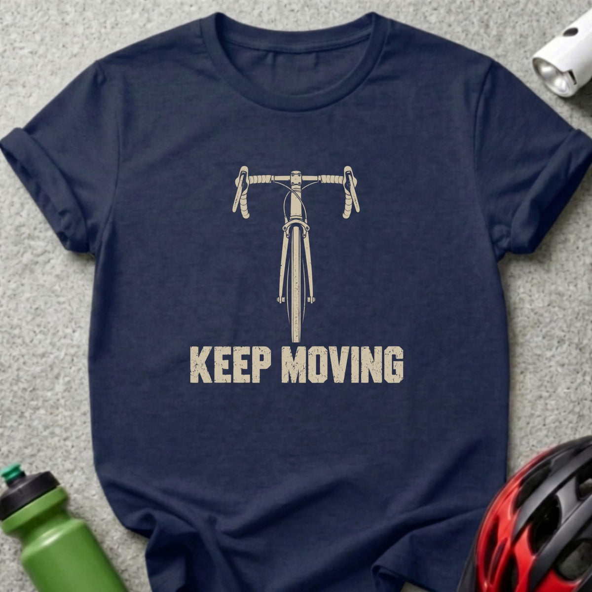 Navy blue t-shirt featuring a distressed front graphic of a bicycle and the text KEEP MOVING.