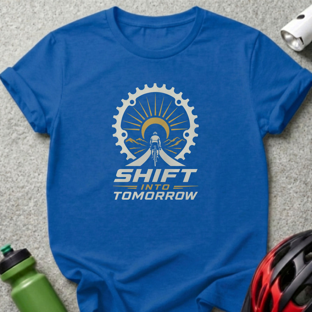 Blue t-shirt with graphic reading "SHIFT INTO TOMORROW" and a cyclist silhouette.