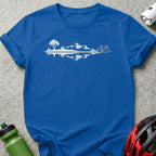Blue T-Shirt with Mountain and Bicycle Graphic Design