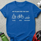 Blue t-shirt with "My Plan for the Day" and icons for coffee, bike, and sleep.