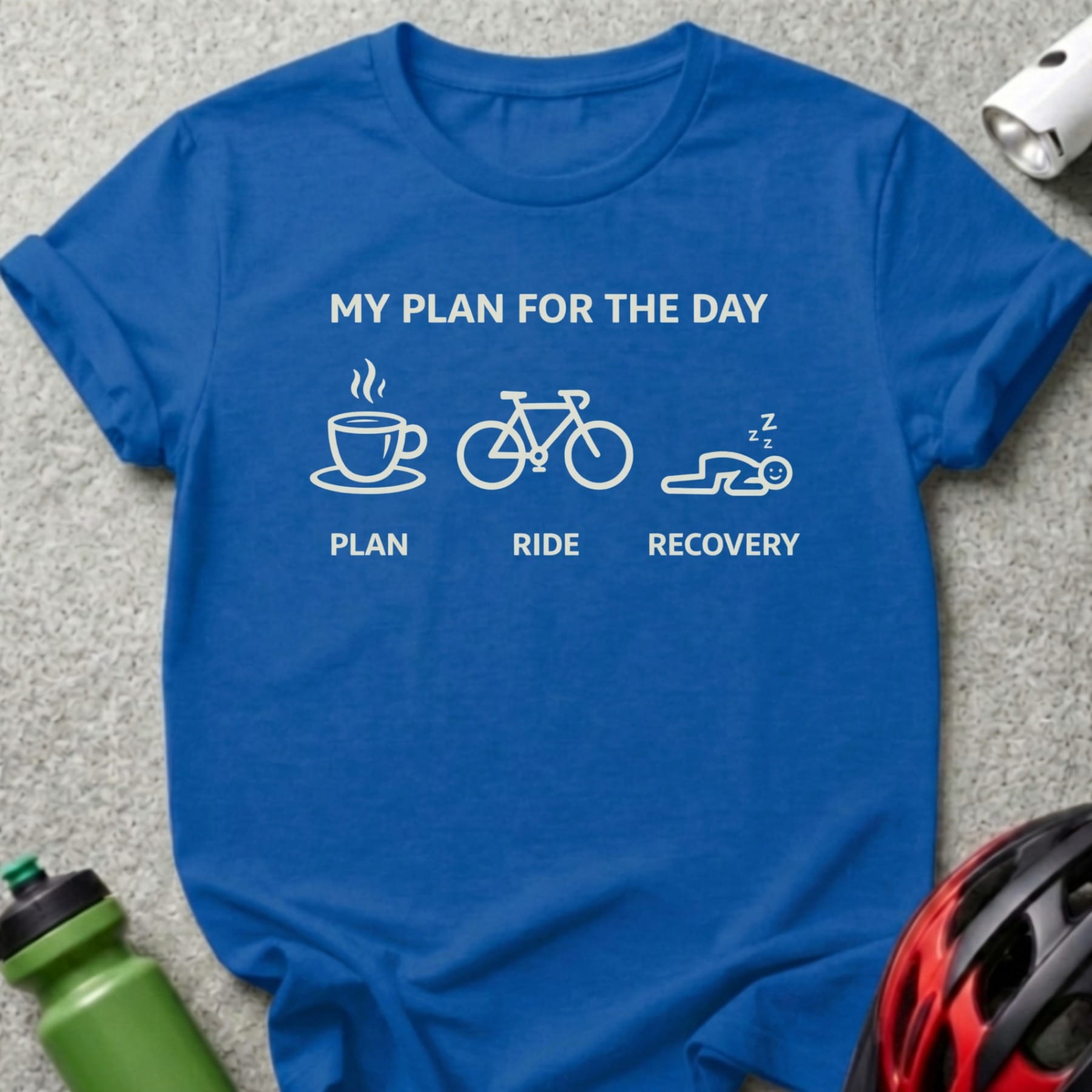 Blue t-shirt with "My Plan for the Day" and icons for coffee, bike, and sleep.