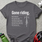 Dark grey t-shirt with humorous cycling quotes and a bicycle graphic.