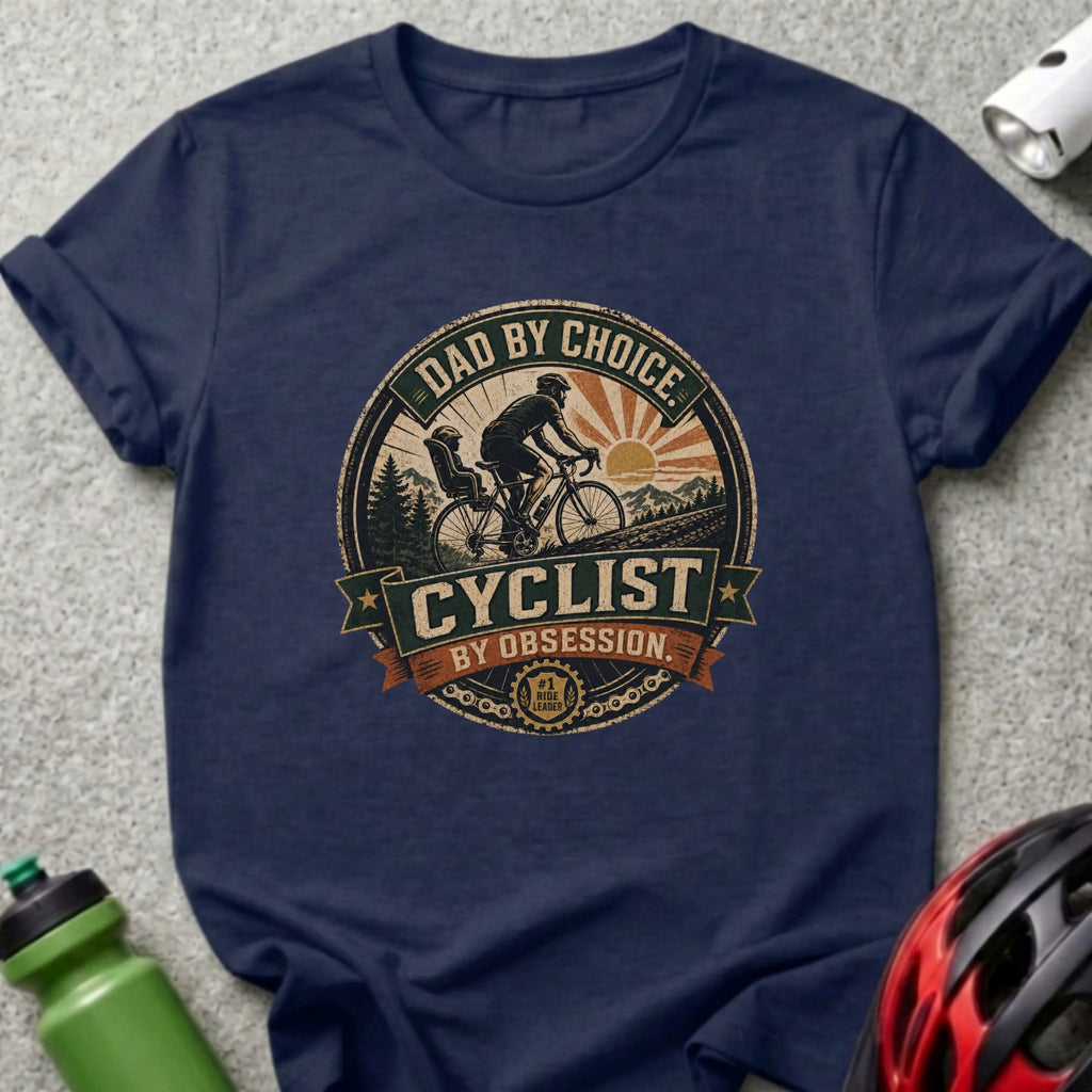 Dad by Choice, Cyclist by Obsession graphic on a navy t-shirt.