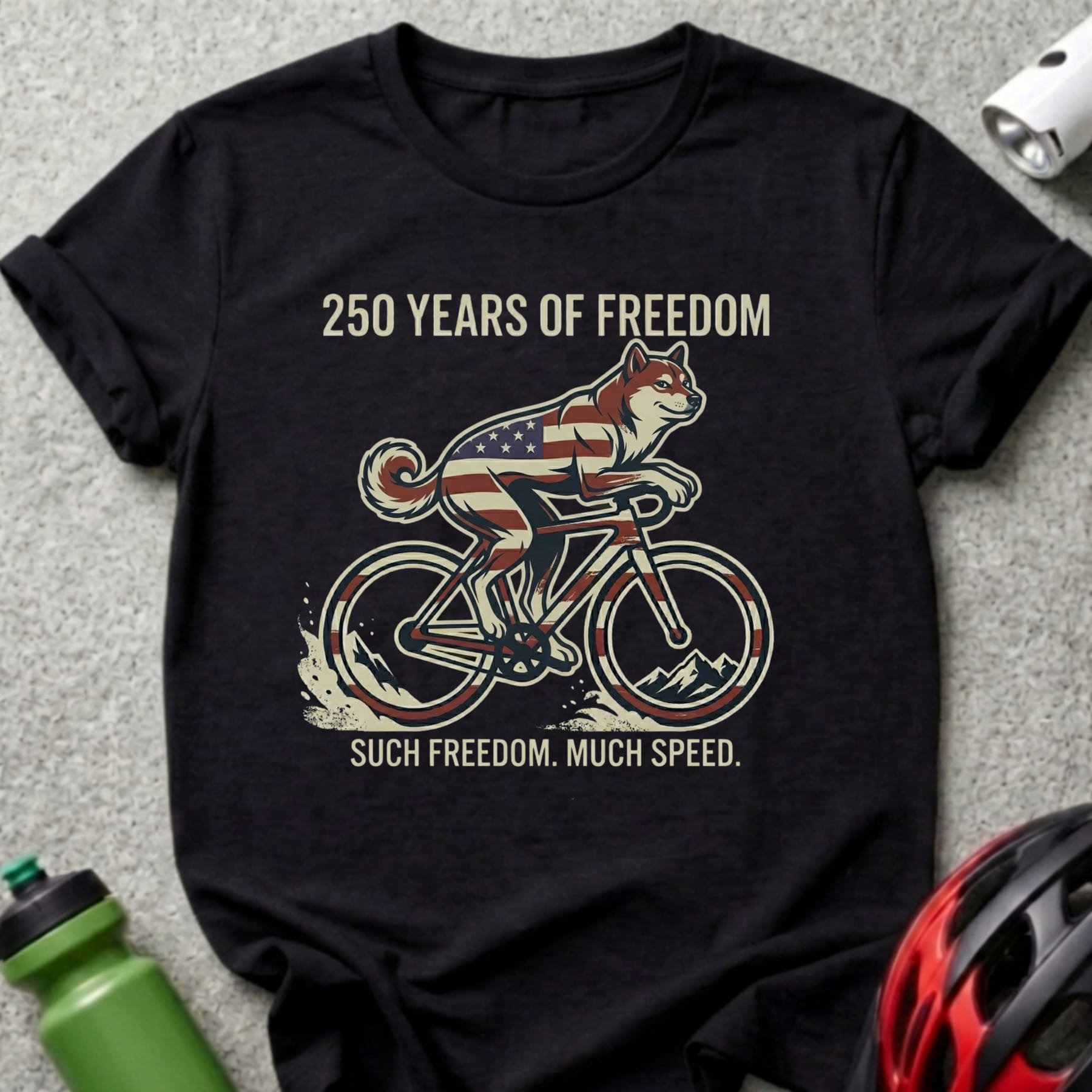 Shiba Inu wearing American flag riding a bicycle with text.