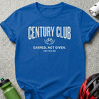 Blue t-shirt with "Century Club" and bicycle logo, "earned. not given. 100 miles."