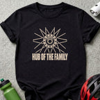Black t-shirt featuring a graphic of a bicycle wheel hub and text reading "Hub of the Family".