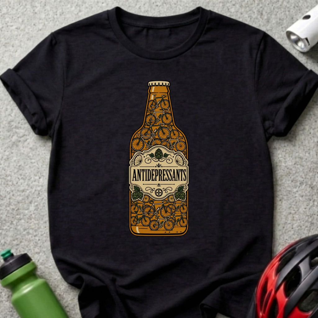 Black t-shirt with a bottle illustration filled with bicycles, labeled "ANTIDEPRESSANTS".