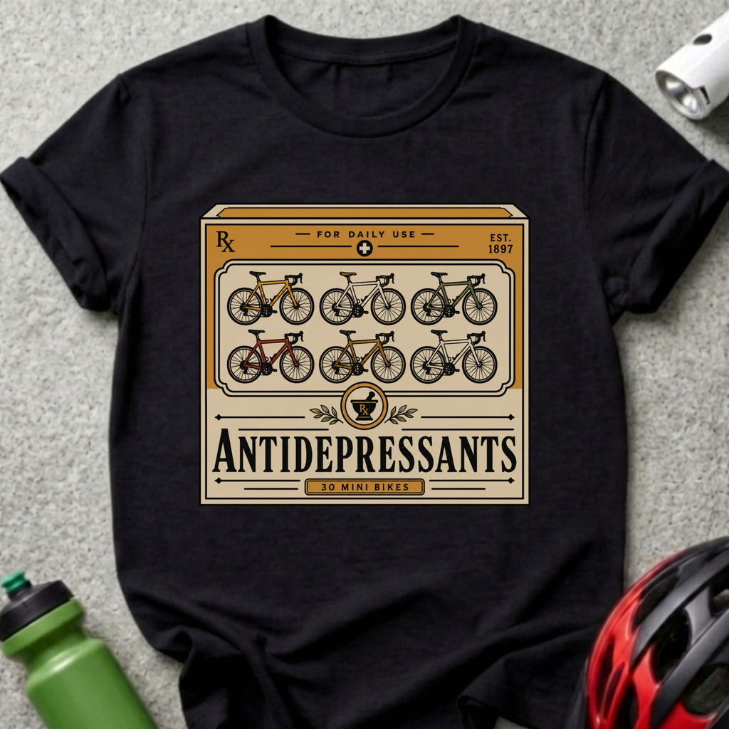 T-shirt with vintage pill bottle design advertising "ANTIDEPRESSANTS" with 30 mini bikes.