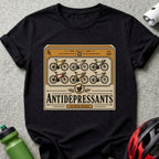 T-shirt with vintage pill bottle design advertising "ANTIDEPRESSANTS" with 30 mini bikes.