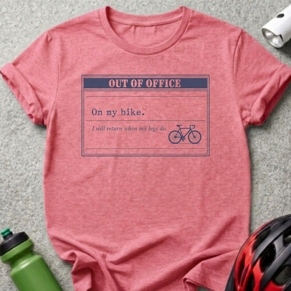 T-shirt with "Out of Office" and bicycle graphic, stating "On my bike."