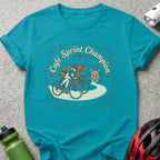 T-shirt with vintage cyclist illustration and "Cafe Sprint Champion" text.