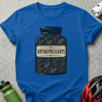 Blue t-shirt with a pill bottle graphic filled with bicycles, labeled "Antidepressants".