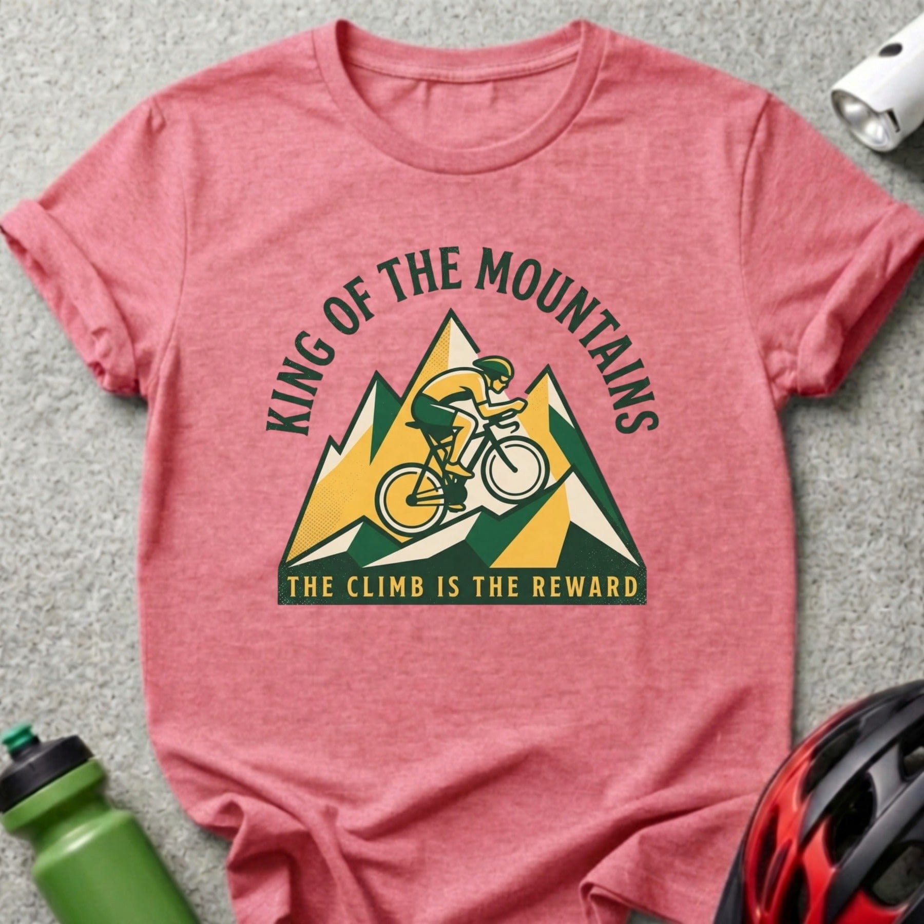 T-shirt with "King of the Mountains" and cyclist graphic.