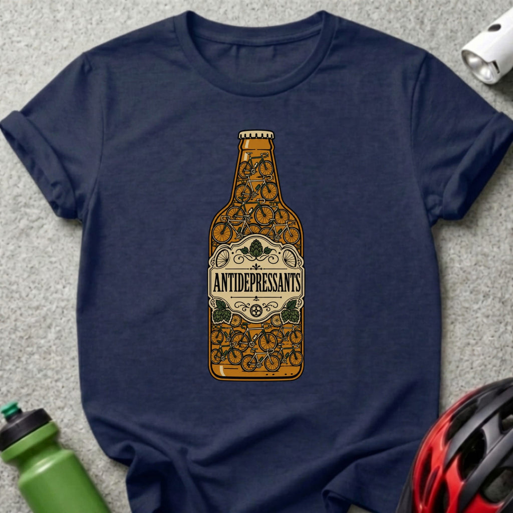 Navy t-shirt with a bottle filled with bicycles labeled "ANTIDEPRESSANTS."
