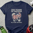 Navy t-shirt with Pomeranian dog wearing American flag bandana, "250 Years of Freedom" text.