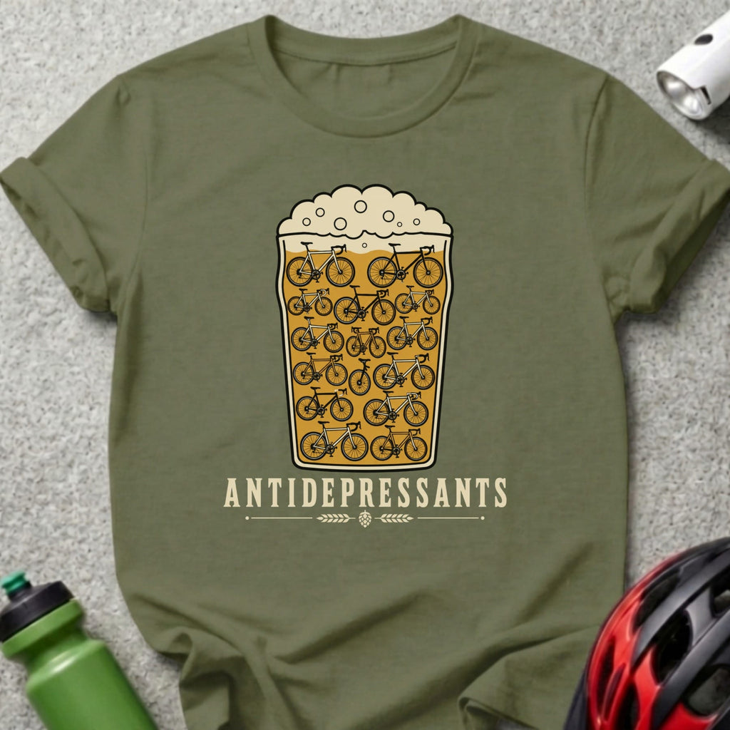 Green t-shirt with a beer glass filled with bicycles and the text "ANTIDEPRESSANTS".