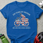 Blue t-shirt with "250 Years of Freedom" and a cyclist design.