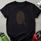 Black t-shirt with gold fingerprint graphic and a cyclist on a winding path.