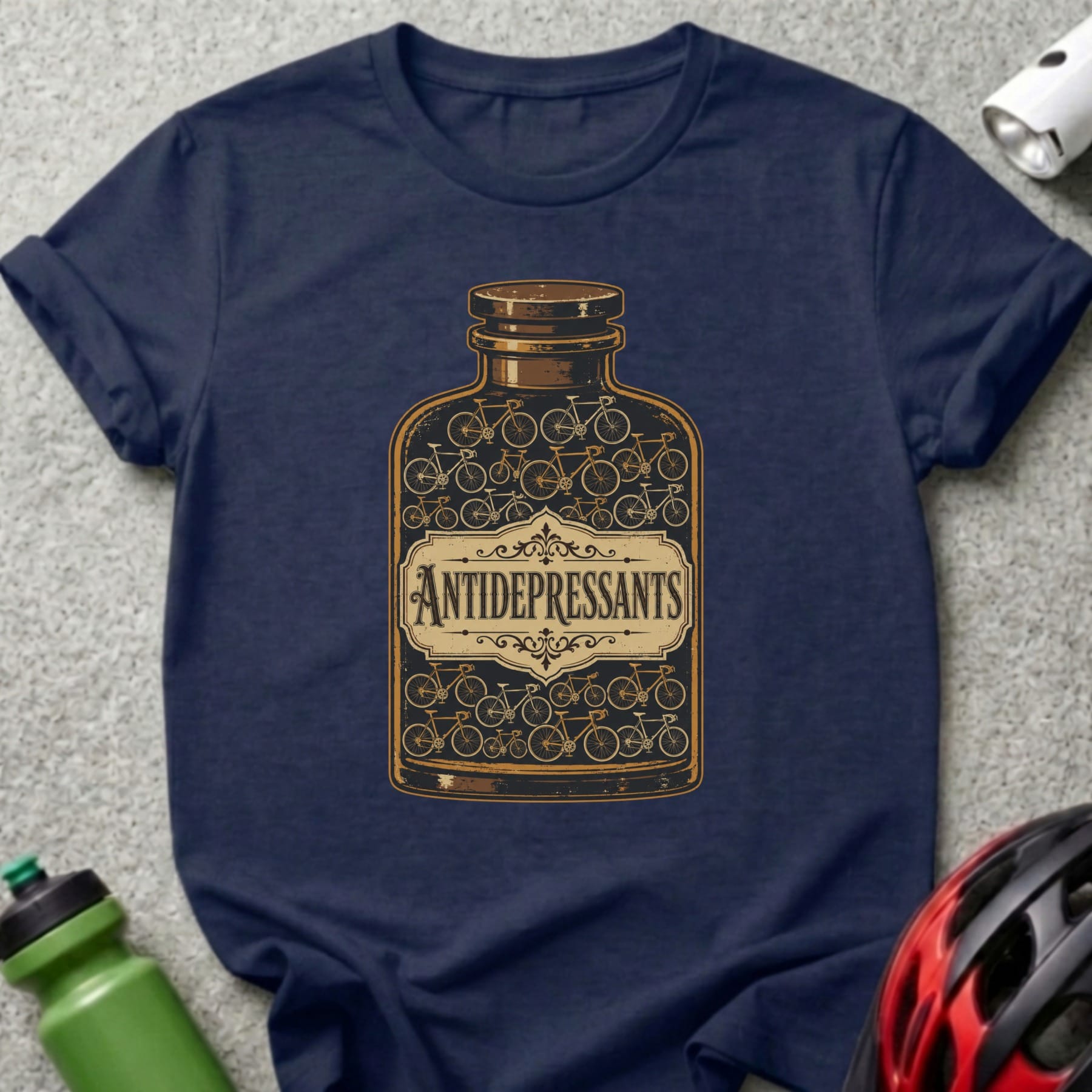 T-shirt featuring a bottle filled with bicycles, labeled "ANTIDEPRESSANTS".