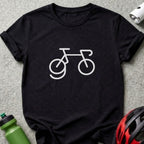 A black short-sleeved t-shirt features a white minimalist line drawing of a bicycle with a unique frame.