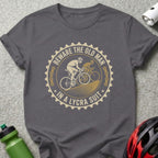 T-shirt graphic of cyclists with text "Beware the old man in a lycra suit".