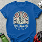 Blue t-shirt with cyclist graphic and "America 250 1776-2026" text.