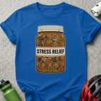 Blue t-shirt with a pill bottle labeled "Stress Relief" filled with bicycles.