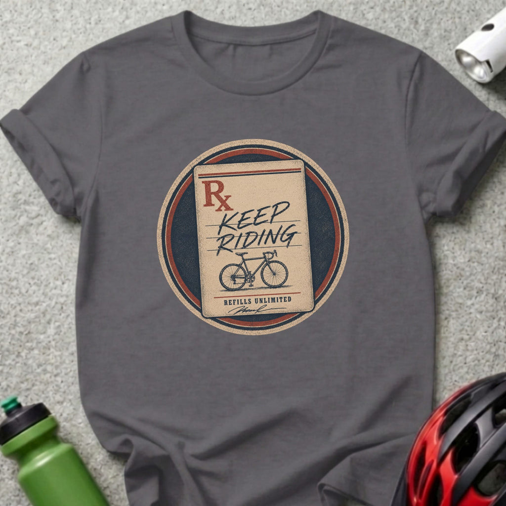 Dark gray t-shirt with a circular graphic of a prescription pad reading "Keep Riding" and a bicycle.