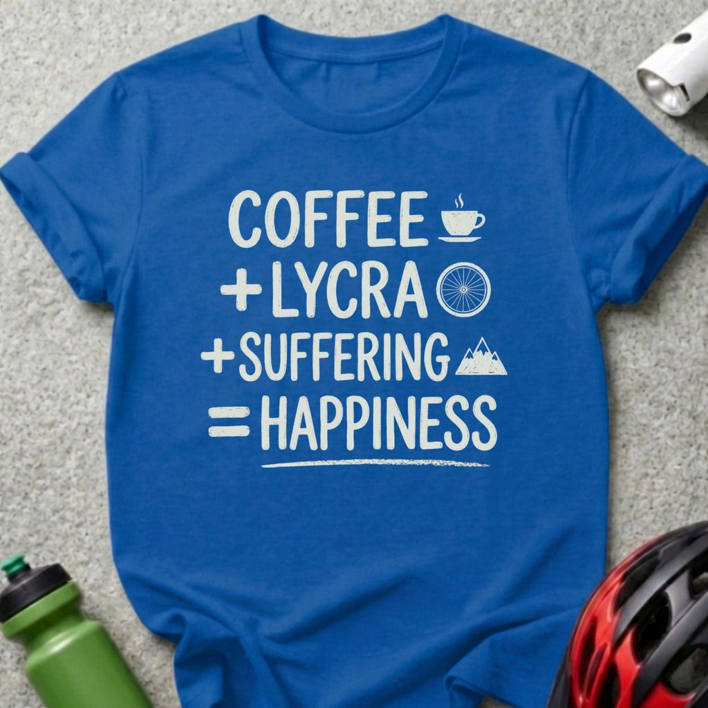 Blue t-shirt with text: COFFEE + LYCRA + SUFFERING = HAPPINESS.