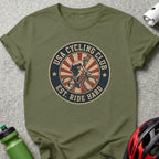 Olive green t-shirt with distressed USA Cycling Club graphic and cyclist.