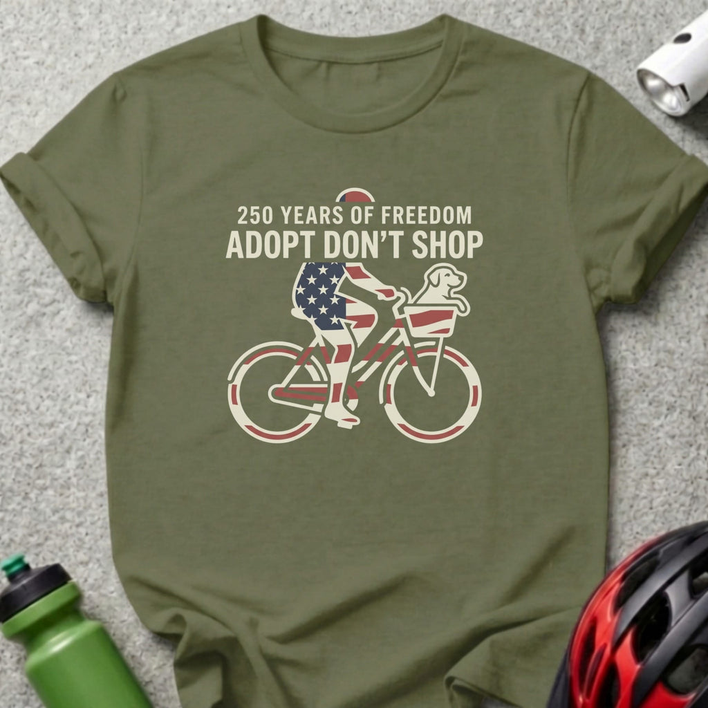 Green t-shirt with cyclist, dog, and American flag, "250 Years of Freedom Adopt Don't Shop".