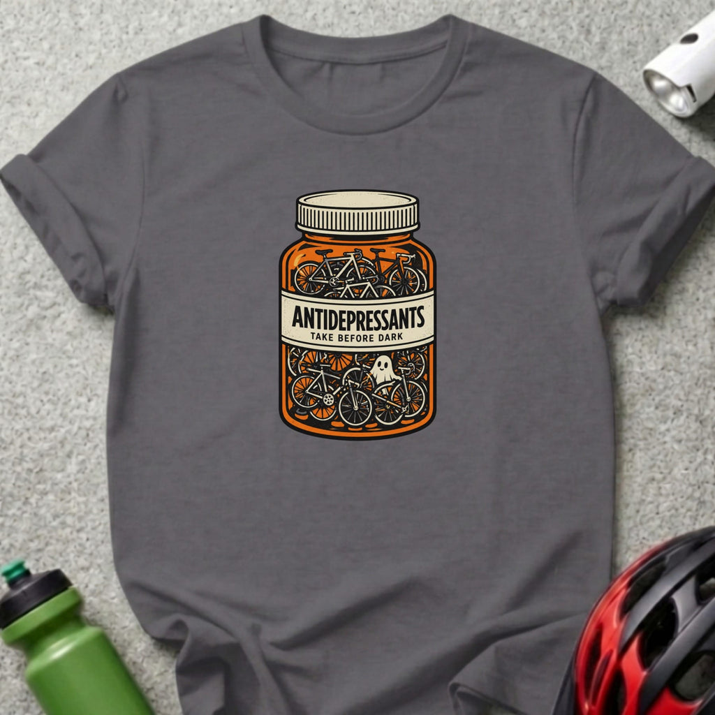 Dark gray t-shirt with pill bottle design featuring bicycles and text.