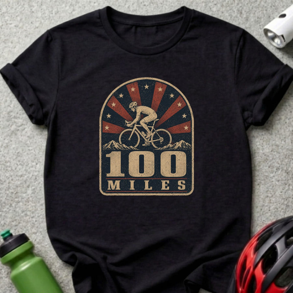 Black t-shirt with vintage design: cyclist, mountains, and "100 MILES".
