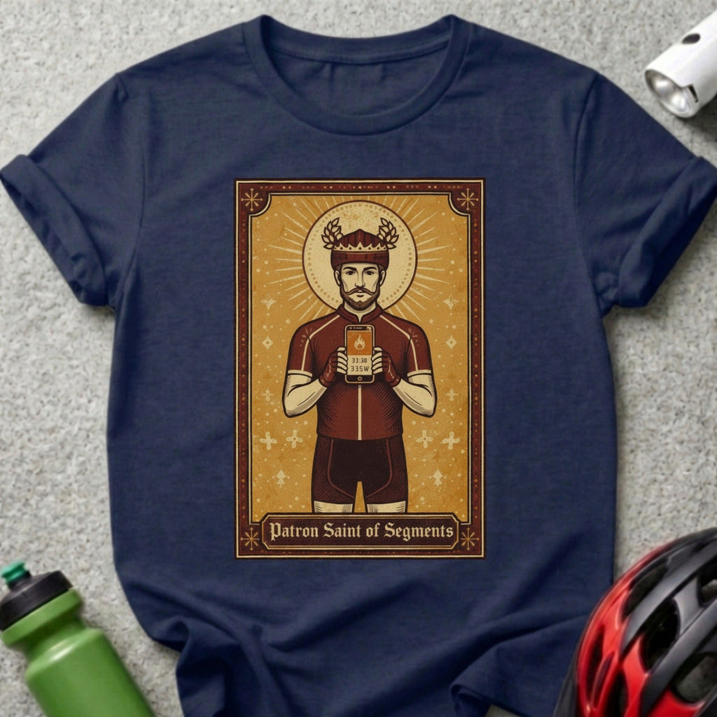 Cyclist with halo holding phone, "Patron Saint of Segments" text.