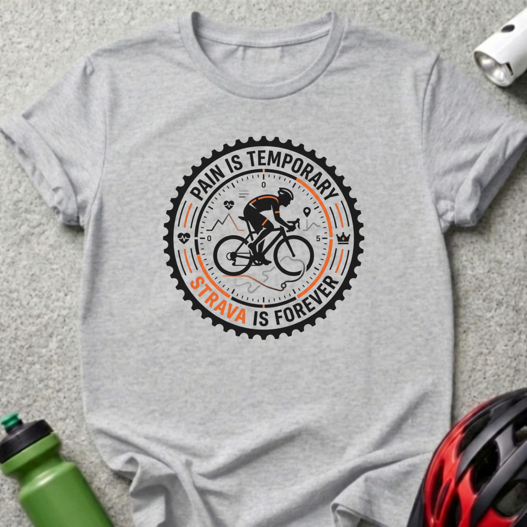 T-shirt with Strava logo, cyclist silhouette, and text "Pain is temporary, Strava is forever."