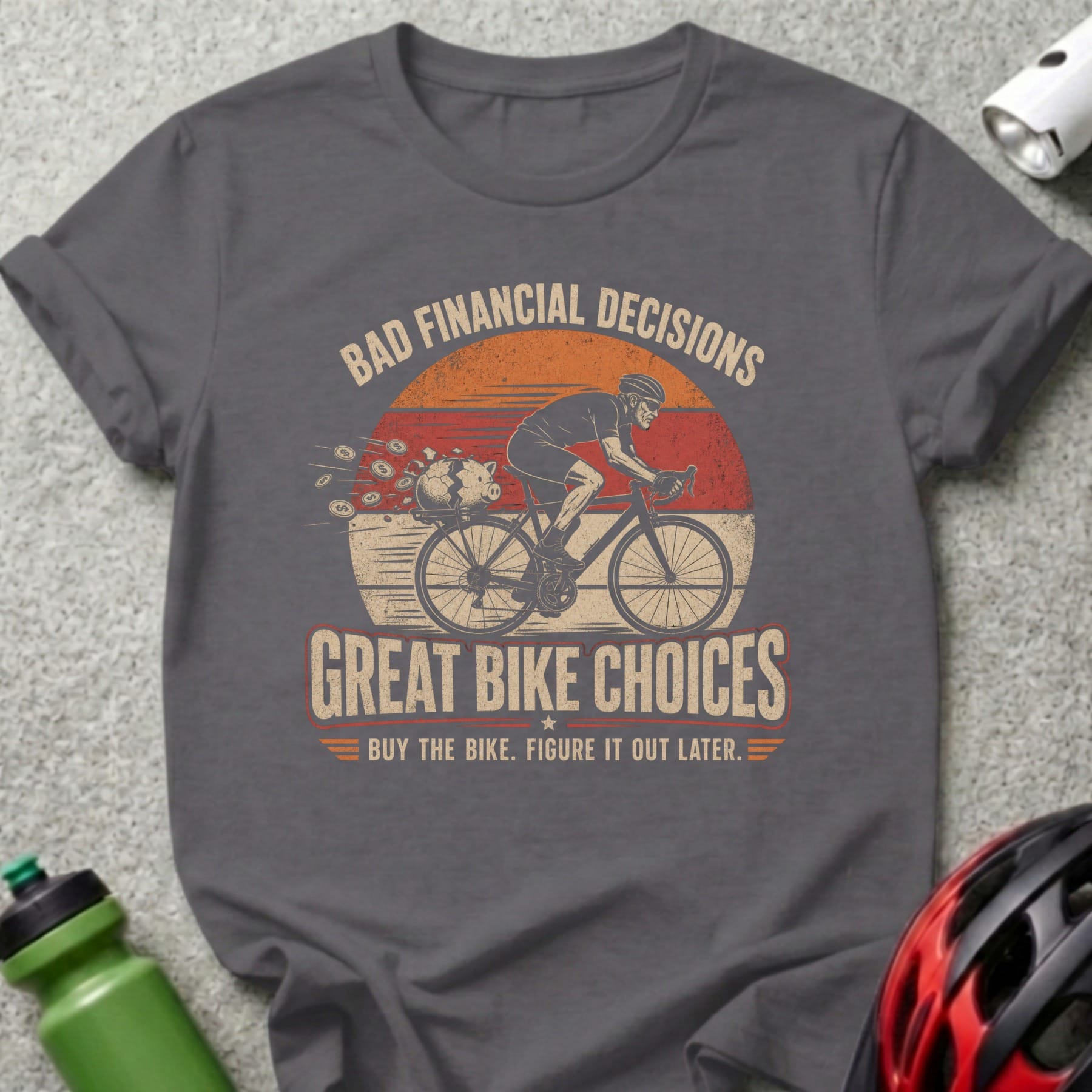 Graphic tee with text "Bad Financial Decisions Great Bike Choices" and cyclist illustration.
