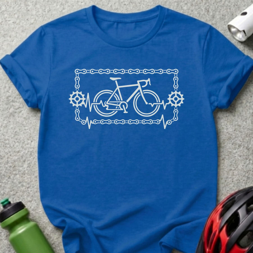 Blue t-shirt with a white graphic of a bicycle, chain, and heartbeat line.