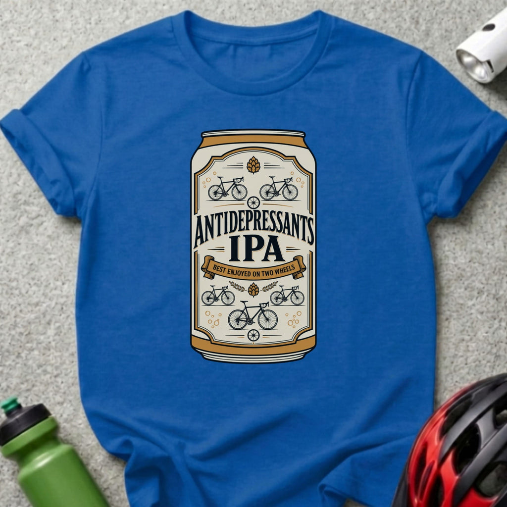 Blue t-shirt with Antidepressants IPA beer can graphic, "Best enjoyed on two wheels".