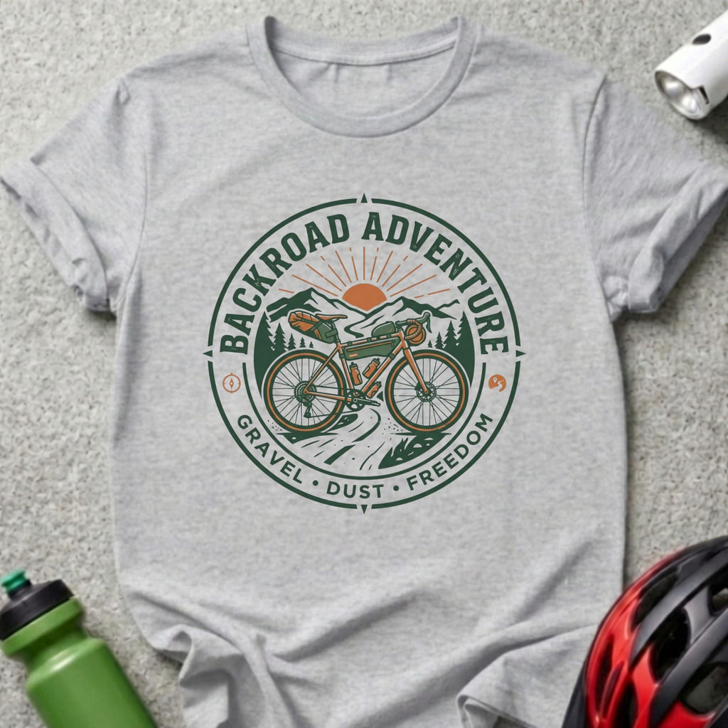 Circular graphic with "Backroad Adventure Gravel Dust Freedom" and bicycle silhouette.
