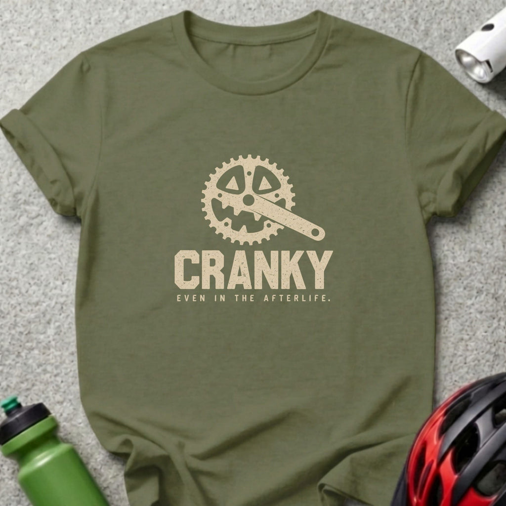 Green t-shirt with crankset graphic and text "CRANKY EVEN IN THE AFTERLIFE."