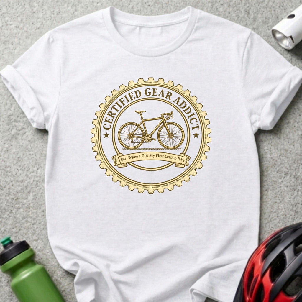 White t-shirt with a gold circular graphic of a bicycle and text "Certified Gear Addict".